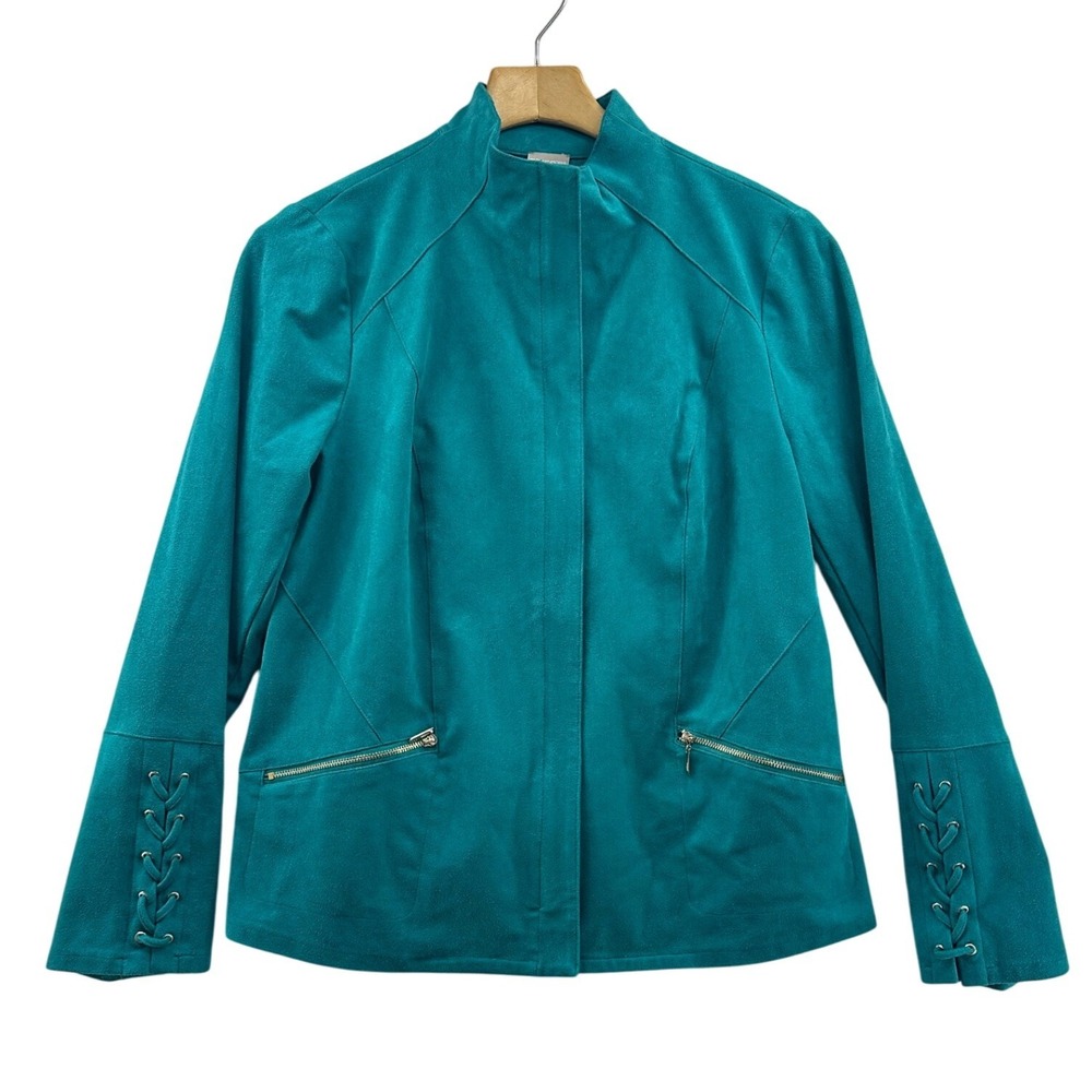 Chicos Teal Suede Like Moto Jacket Zipper Lace Up Detail Women‎ Size 1